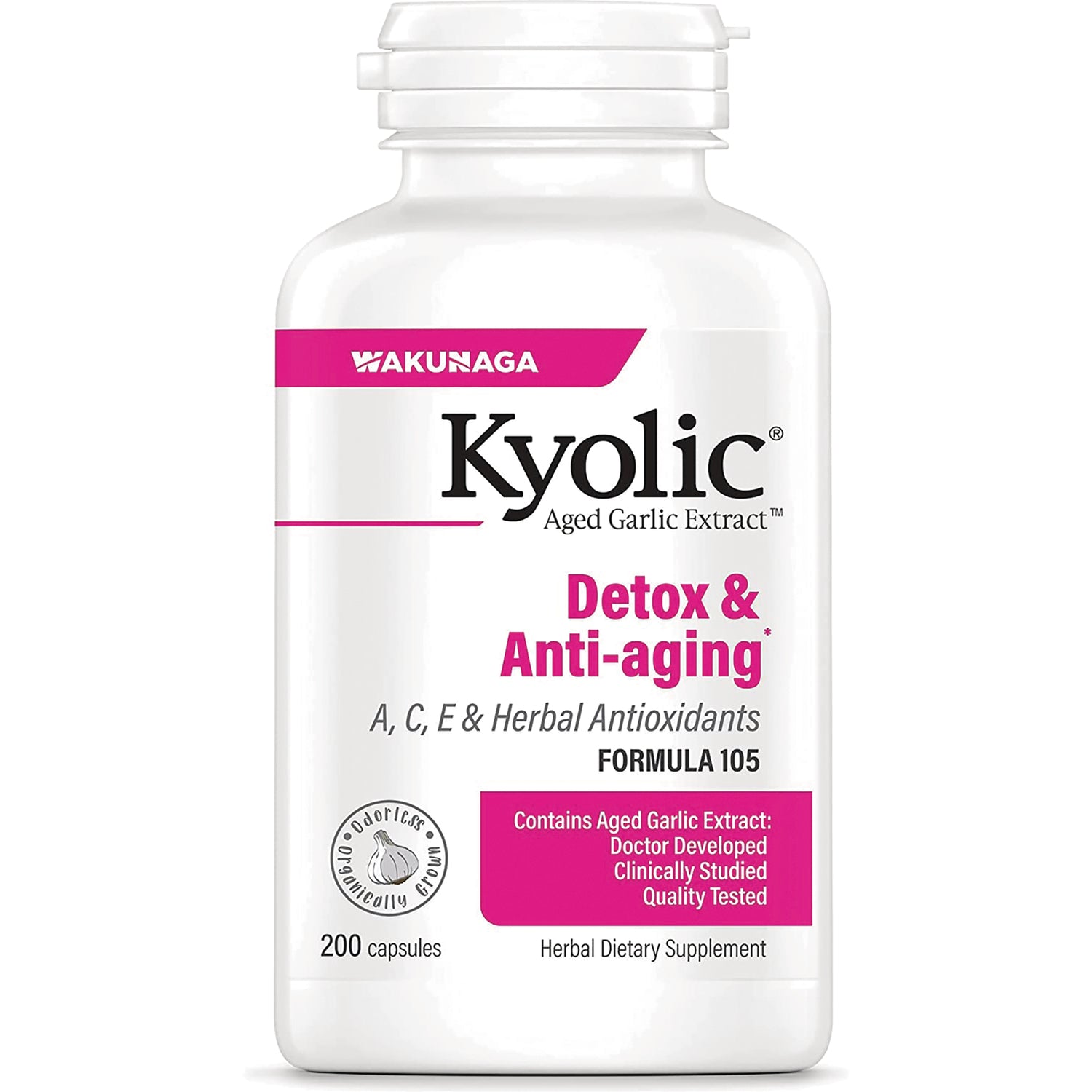 KY083 | Kyolic Aged Garlic Extract Detox & Anti-aging Formula 105 white bottle, 200 capsules