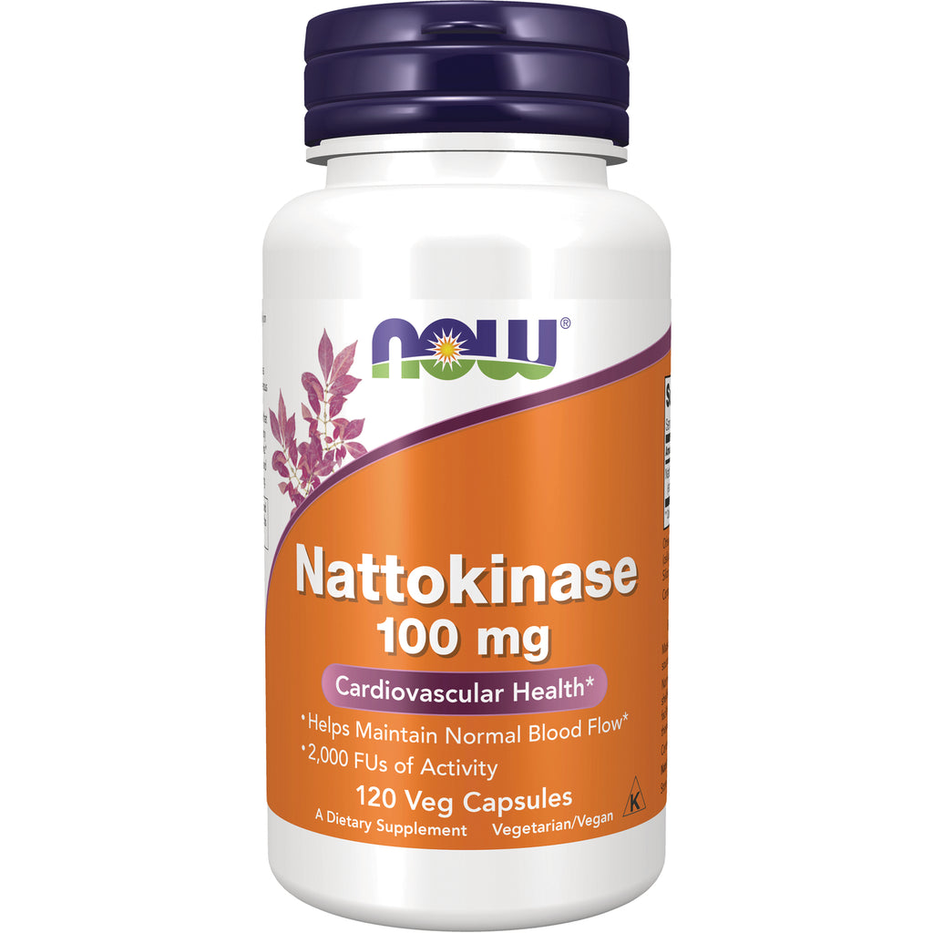 NWF137 | NOW Nattokinase 100 mg white bottle with orange label and purple cap, 120 Veg Capsules - Thumbnail
