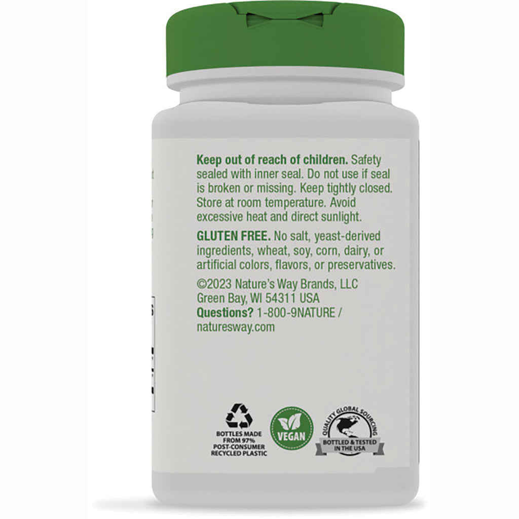 NW175 | back label of white supplement bottle with safety warnings, gluten free statement, contact info and vegan and recycling icons - Thumbnail