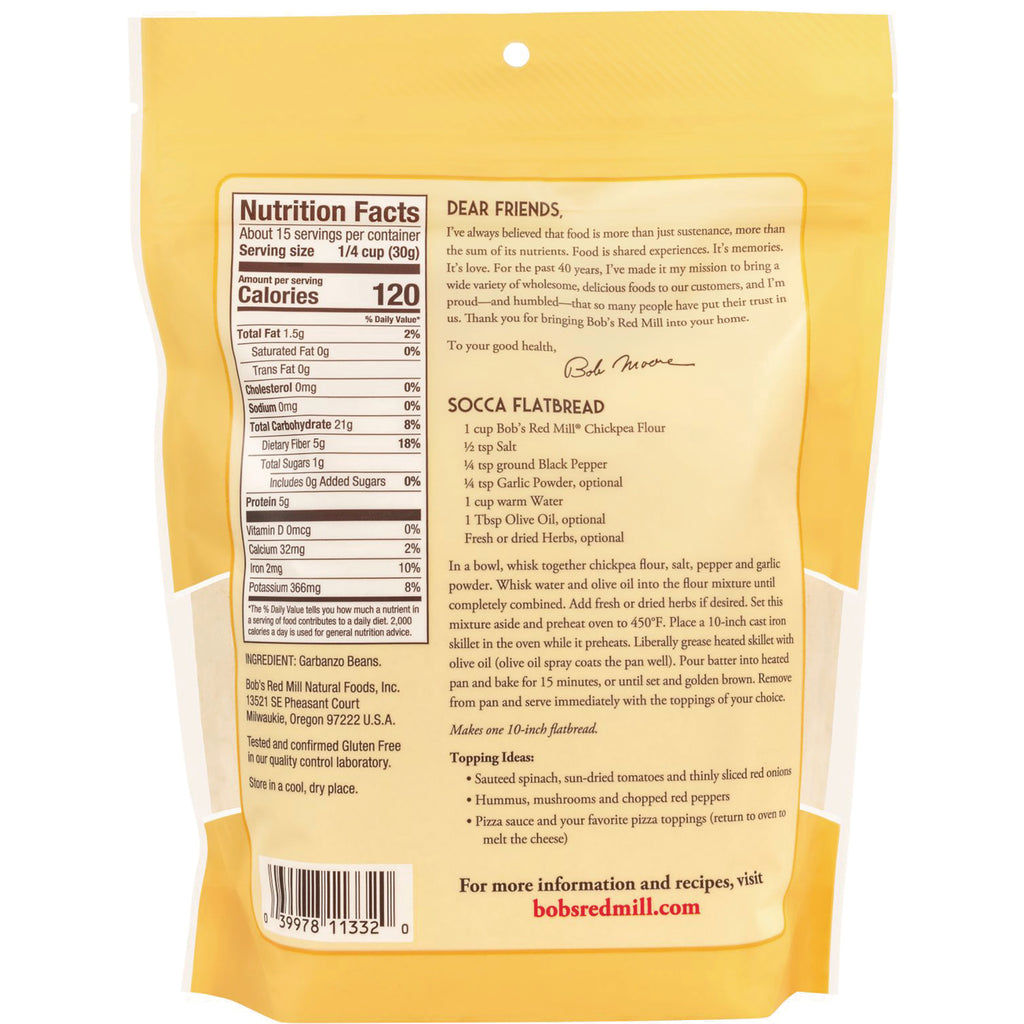 BOB447 | back of yellow bag showing nutrition facts panel, ingredient info, and socca flatbread recipe - Thumbnail
