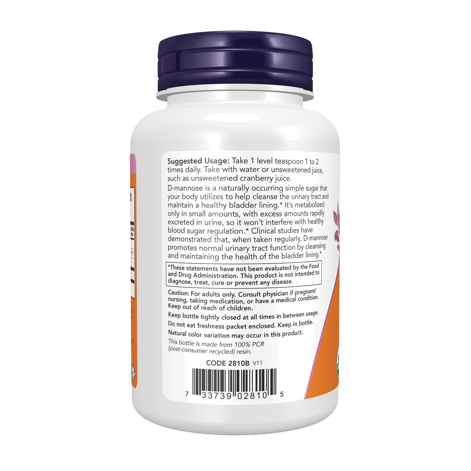 NWF190 | Back label of white supplement bottle showing suggested usage, caution text and barcode