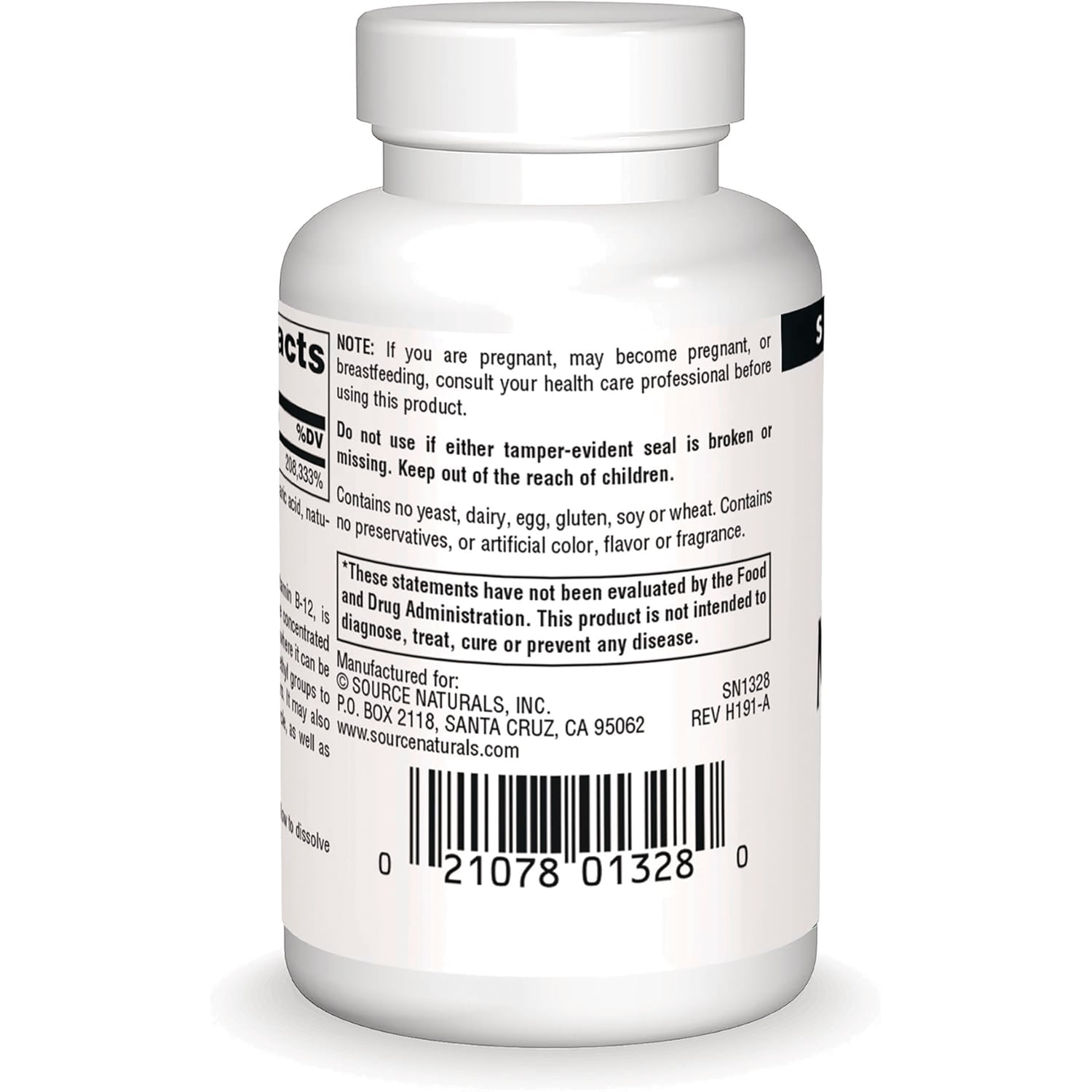 SN876 | Back label with supplement facts, warning statements, manufacturer info, and barcode