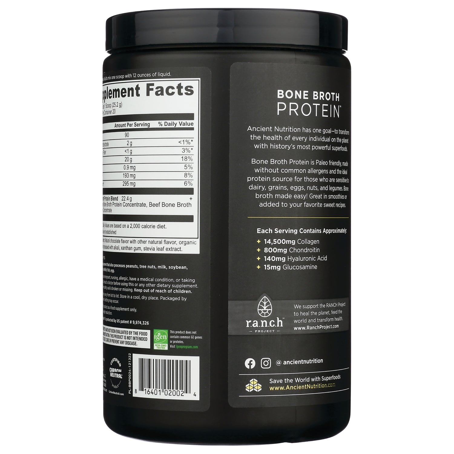 ATN003 | back label of Bone Broth Protein tub showing supplement facts and ingredient panel