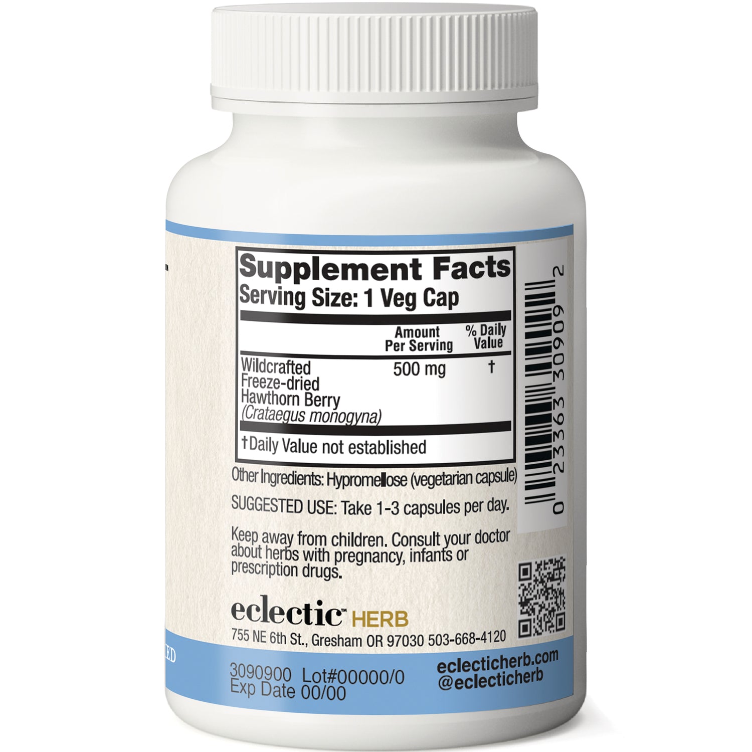 EC015 | Back label of white supplement bottle showing Supplement Facts, Serving Size: 1 Veg Cap, Hawthorn Berry 500 mg, barcode, eclectic HERB