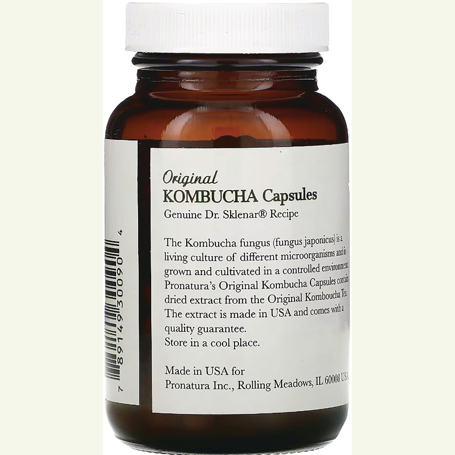 PNA002 | Back of brown supplement bottle showing label reading Original KOMBUCHA Capsules, product description and barcode