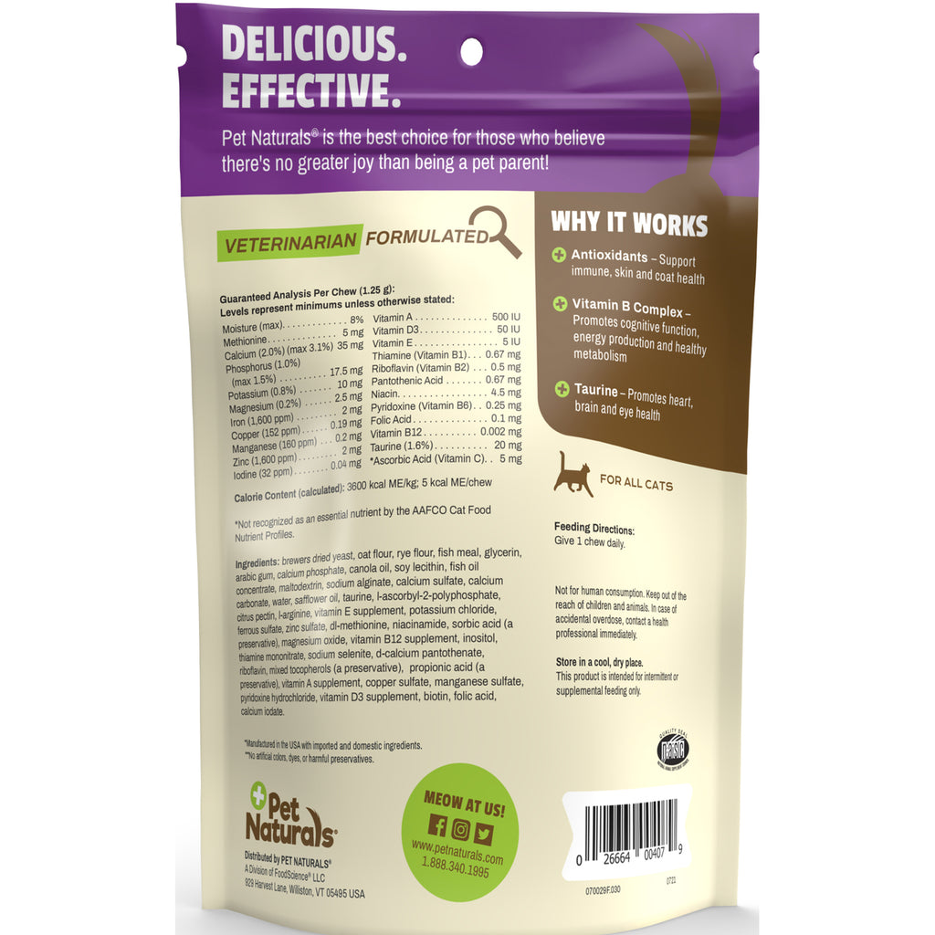 Back of Pet Naturals cat supplement pouch showing guaranteed analysis, ingredients, why it works panel, and barcode - Thumbnail