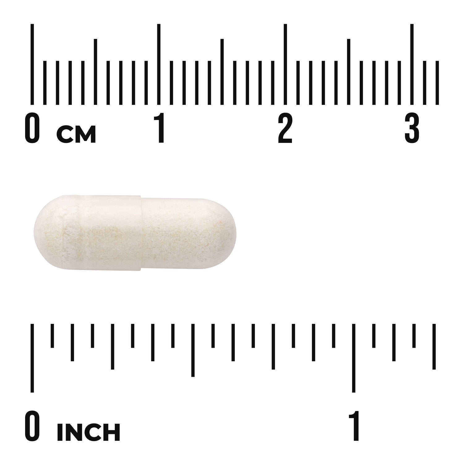 SWU962 | White capsule centered between centimeter and inch rulers showing size with visible text '0 CM' and '0 INCH'