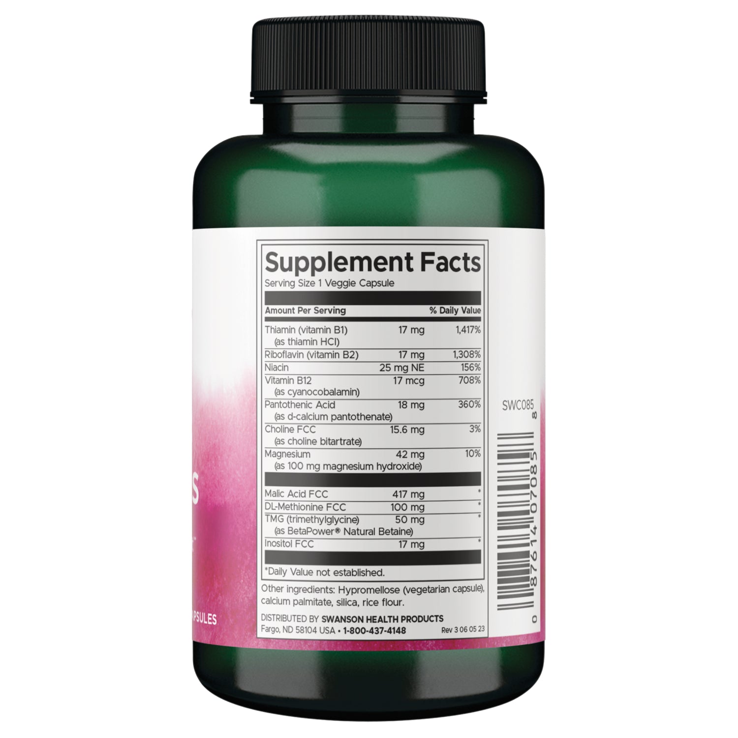 SWC085 | Back label with Supplement Facts panel for veggie capsule; vitamins B1, B2, B12, niacin, magnesium listed