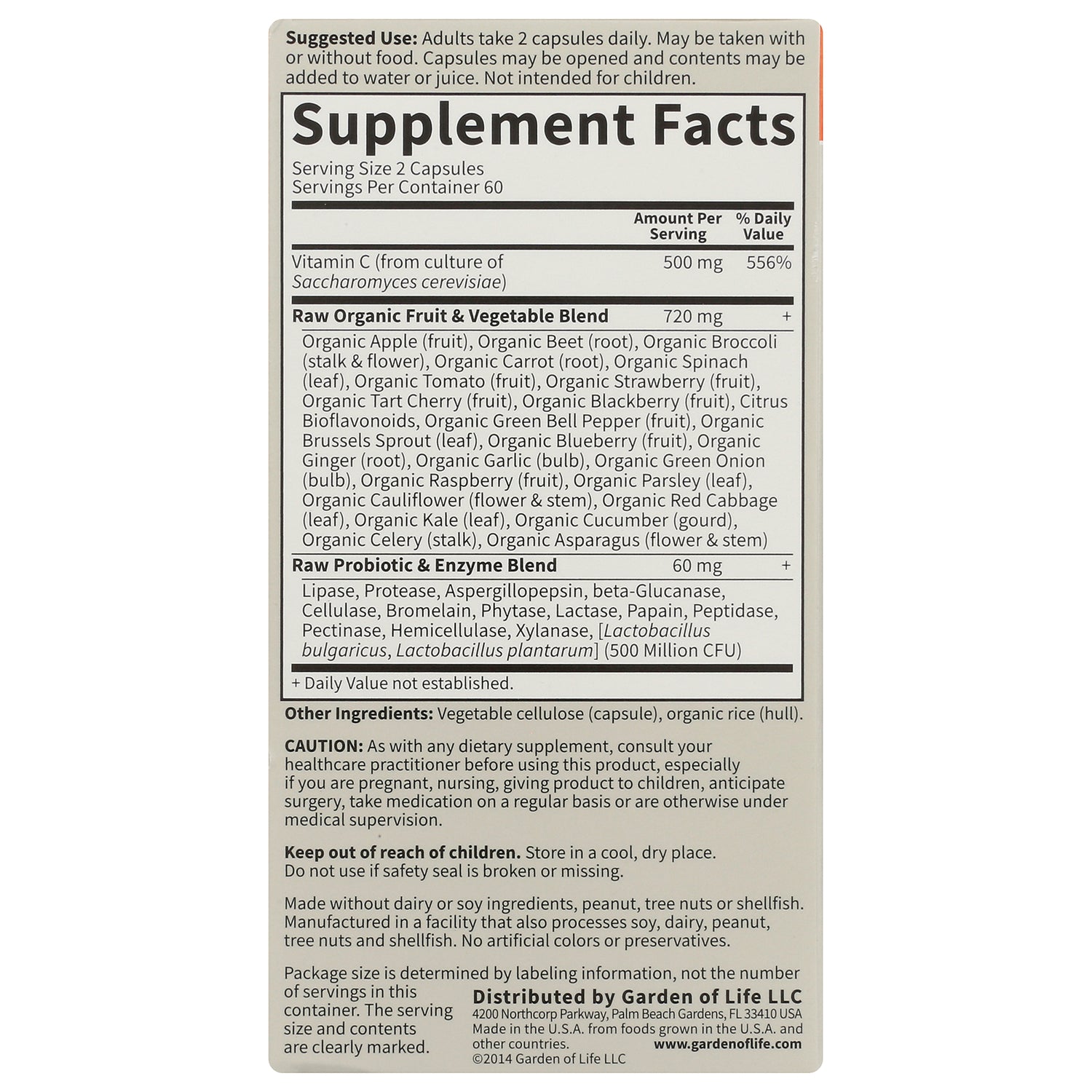 GLF146 | back panel with Supplement Facts, serving size, raw organic fruit & vegetable blend and caution text