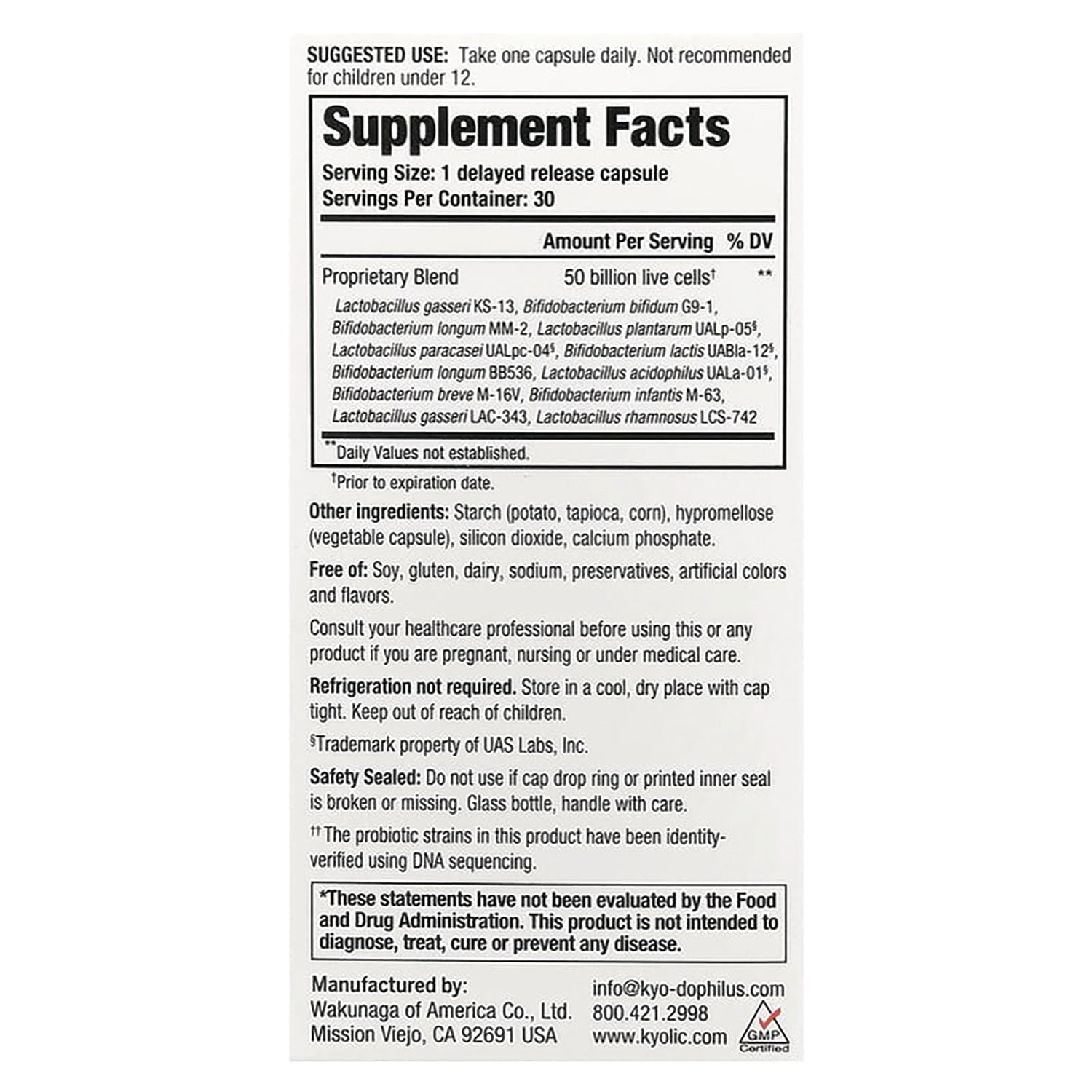 KY150 | Supplement Facts panel and ingredient list on back label of probiotic bottle