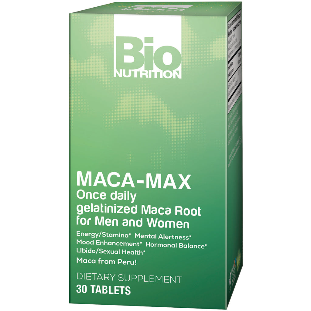 BNN010 | Green Bio Nutrition Maca-Max dietary supplement box front showing MACA-MAX Once daily gelatinized Maca Root for Men and Women, 30 tablets - Thumbnail