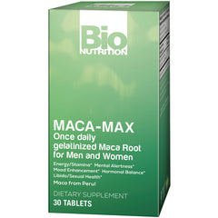 BNN010 | Green Bio Nutrition Maca-Max dietary supplement box front showing MACA-MAX Once daily gelatinized Maca Root for Men and Women, 30 tablets
