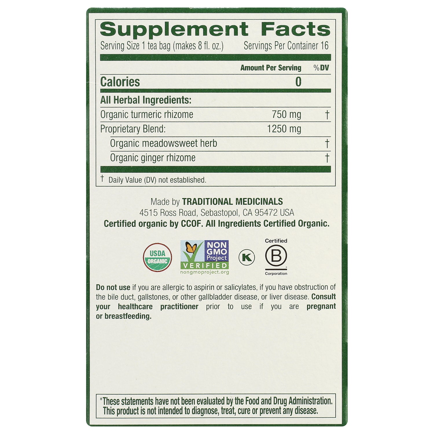 TMD051 | Back panel Supplement Facts: Organic turmeric 750 mg; proprietary blend 1250 mg; USDA Organic and Non-GMO badges