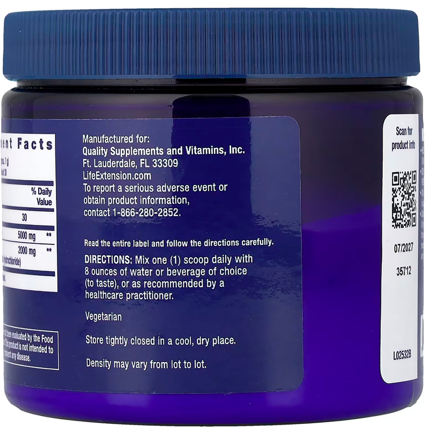 LE592 | Back label of a purple Life Extension supplement jar with directions and product information