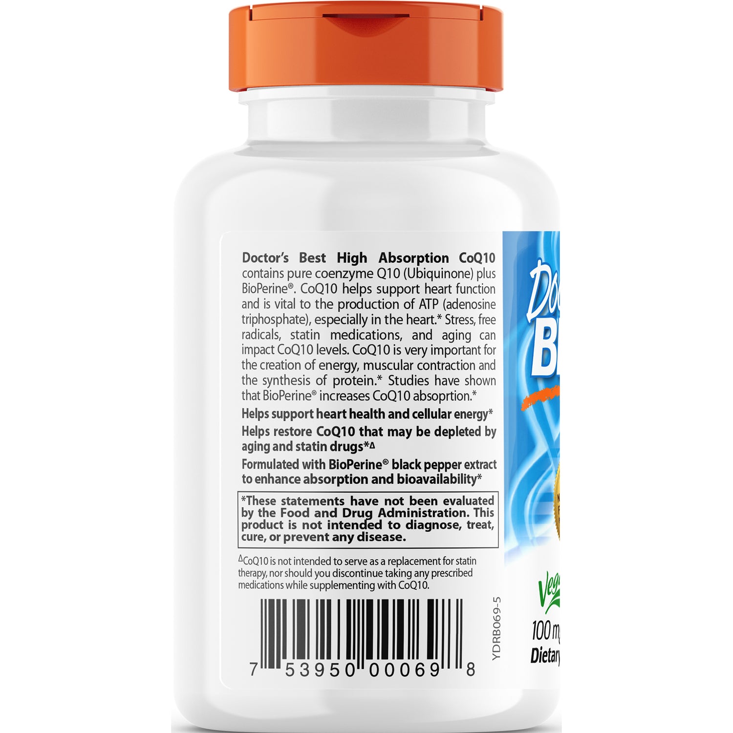 Back label of white supplement bottle showing product description, FDA disclaimer box, and barcode