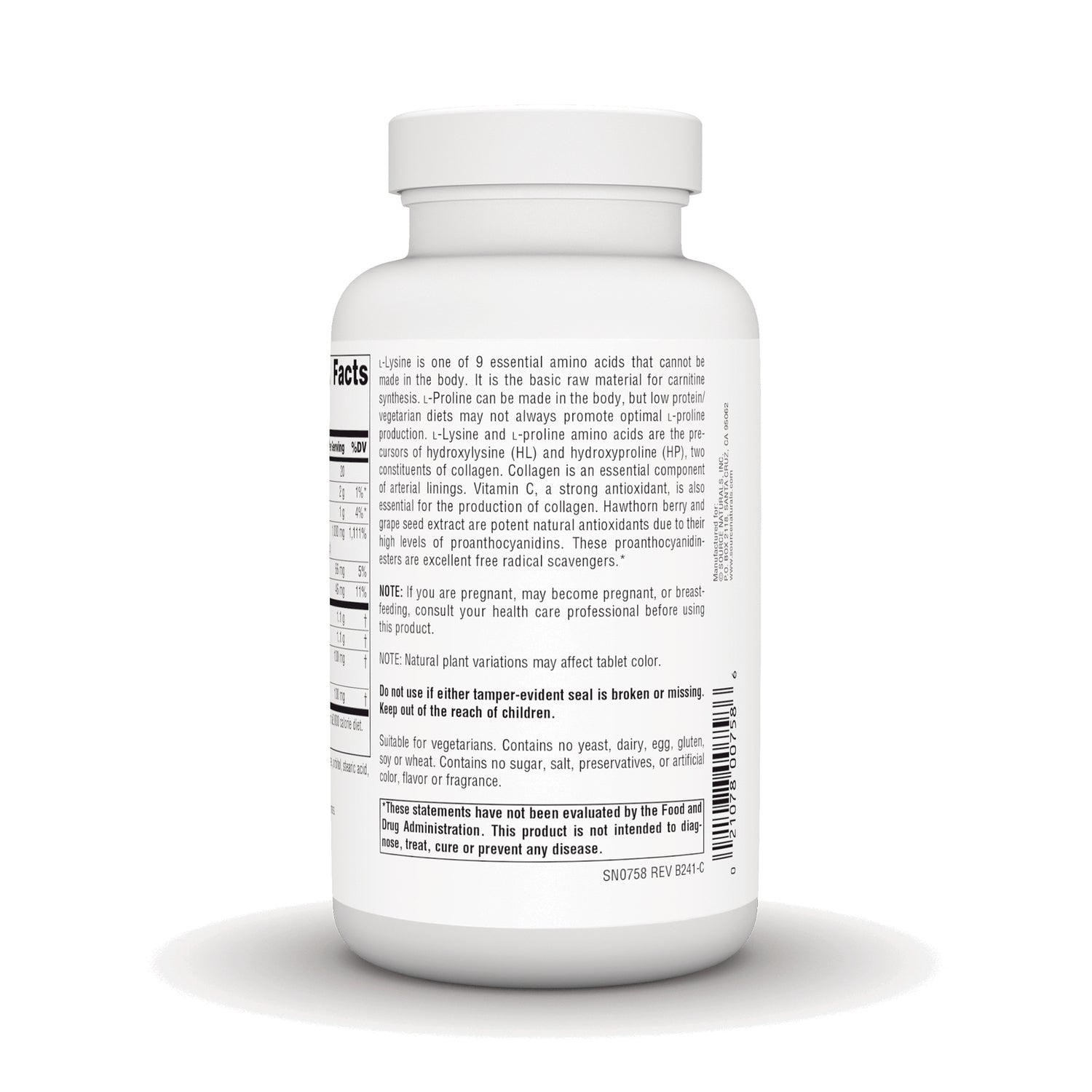 SN534 | Back label with Supplement Facts, ingredients, warnings, and barcode