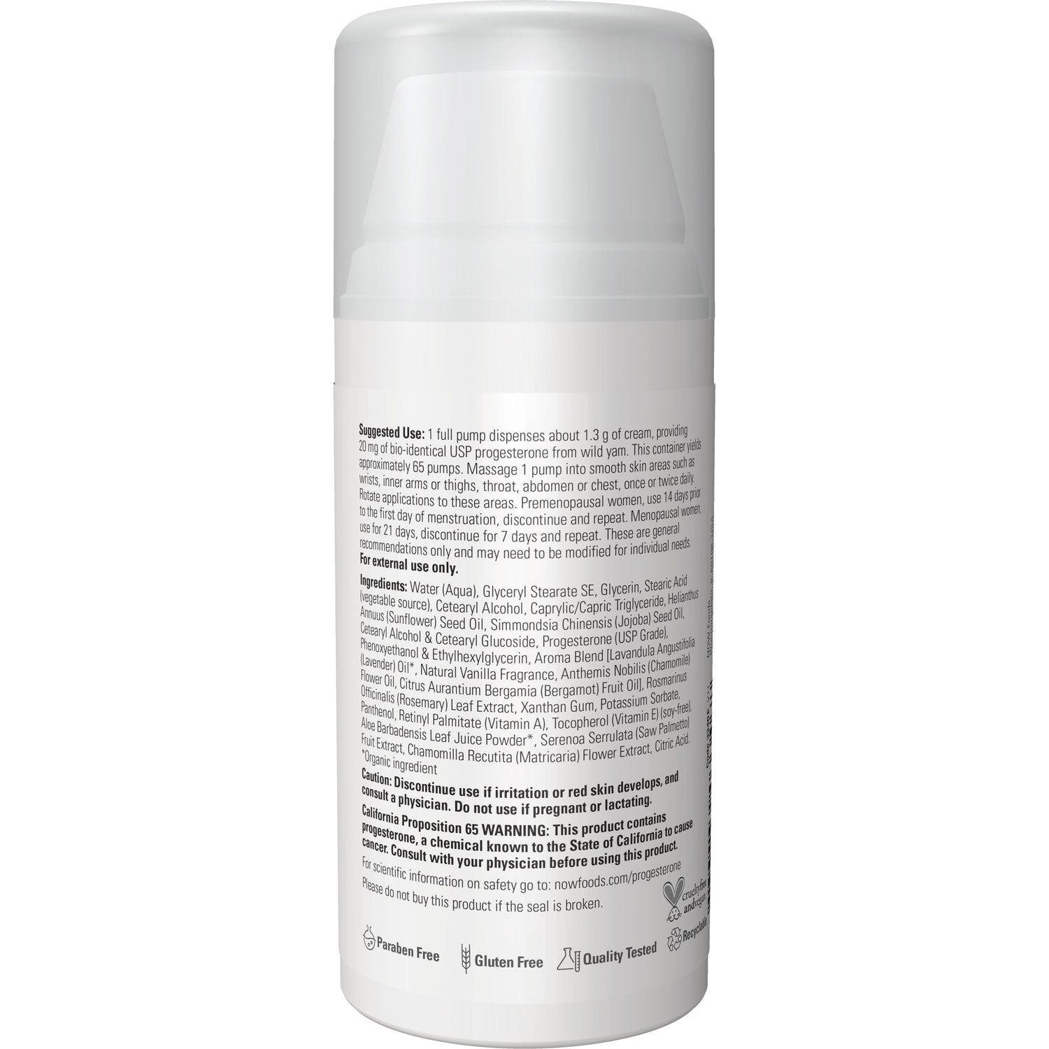 NWF435 | Back label showing ingredients, suggested use, warnings and certification icons on a white pump bottle