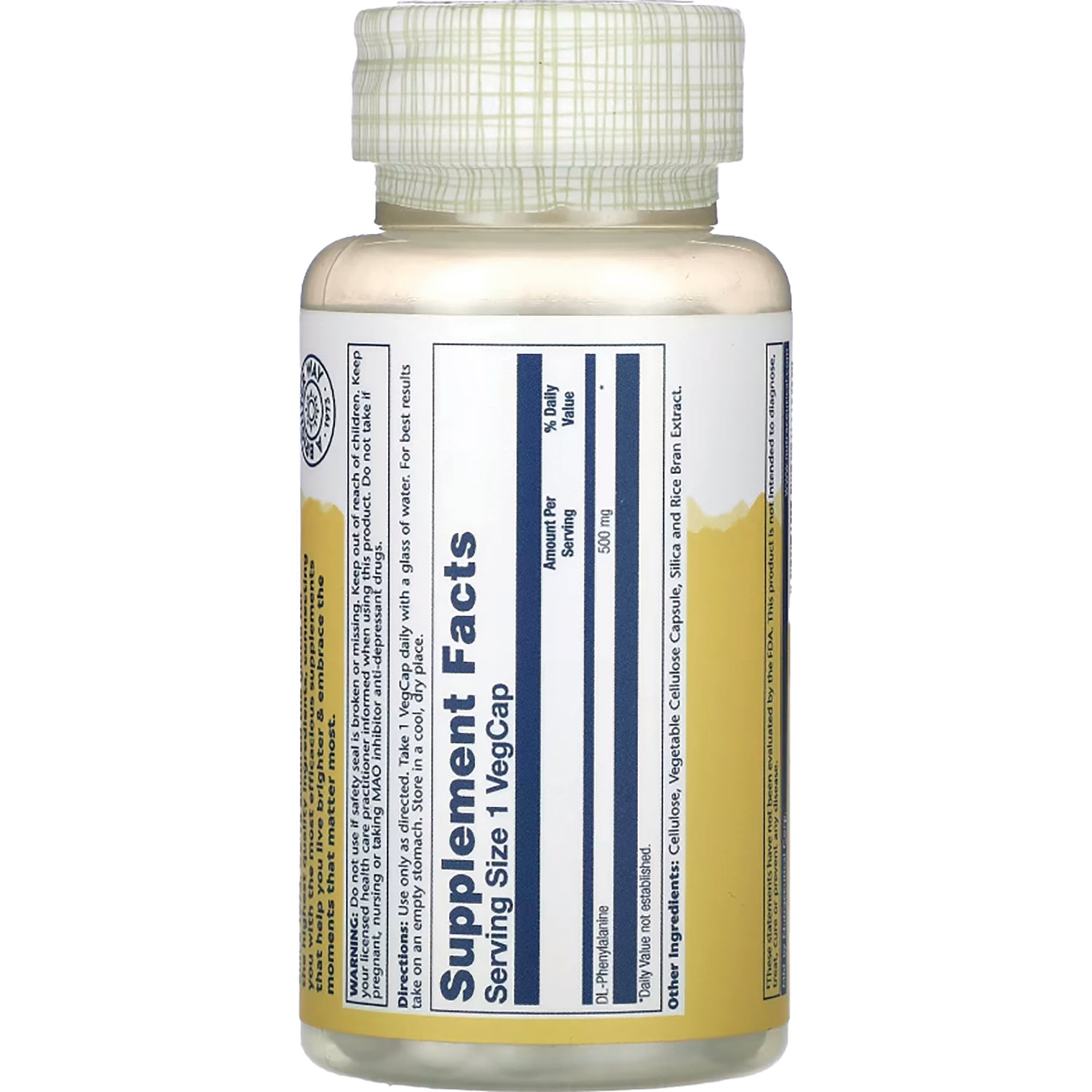 SLR345 | back of white and yellow supplement bottle showing Supplement Facts label and serving size 1 VegCap