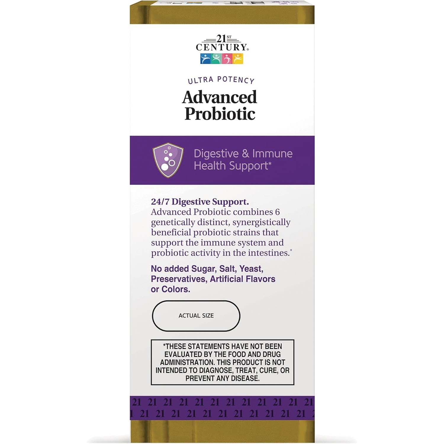CNT285 | Back of 21st Century Advanced Probiotic box showing Digestive & Immune Health Support, 24/7 Digestive Support, actual size oval and FDA disclaimer