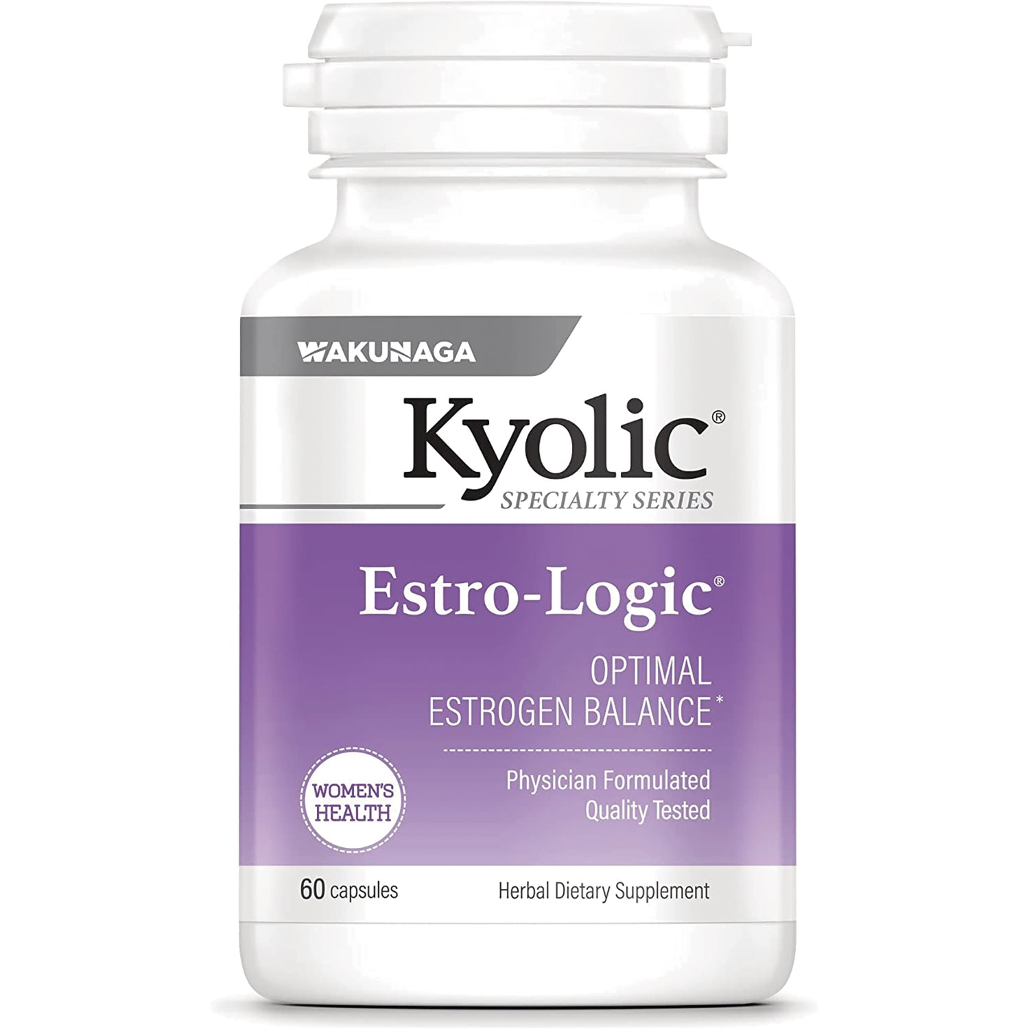 KY060 | White bottle labeled Kyolic Estro-Logic specialty series with purple label, 60 capsules women's health supplement