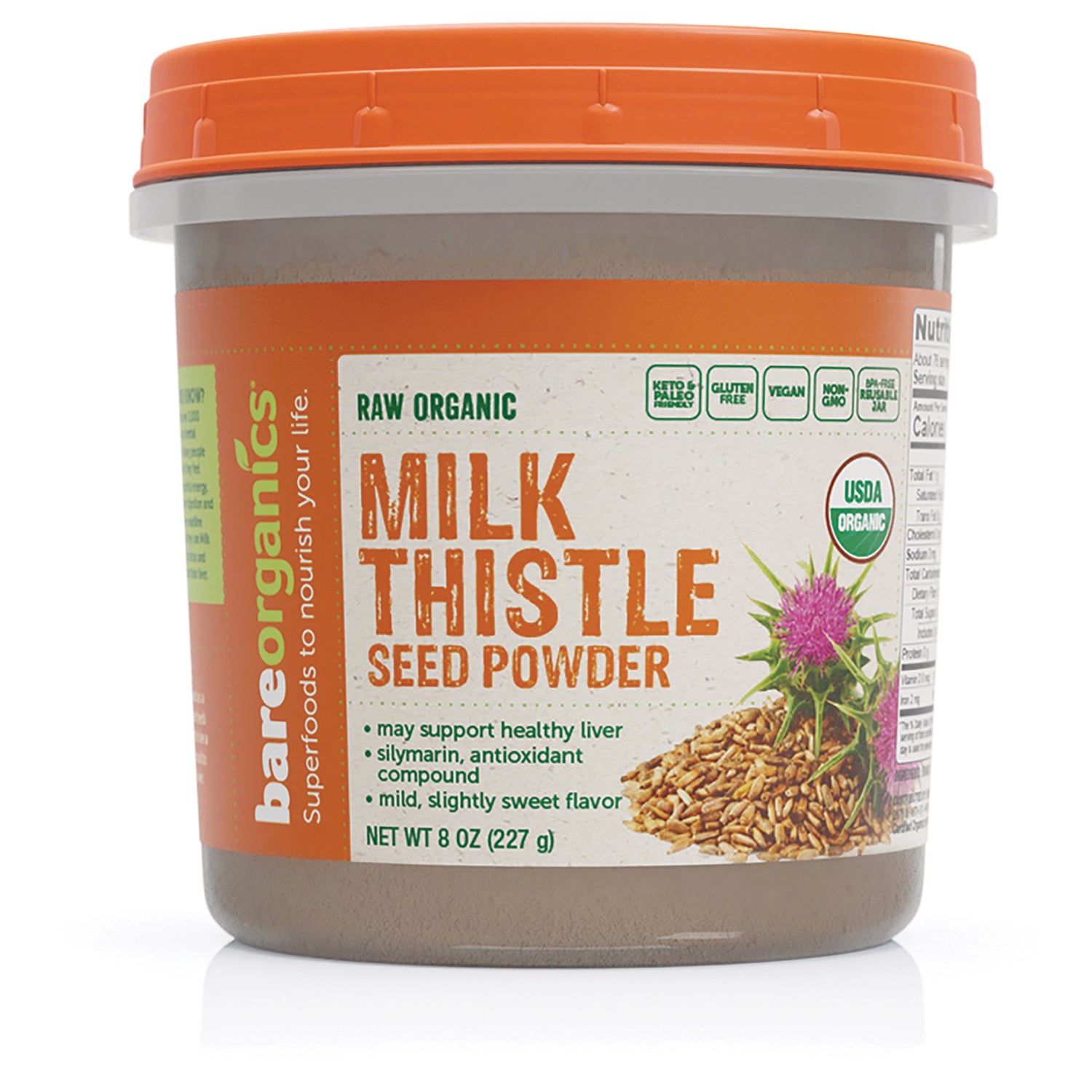 BOR027 | Front of BareOrganics Raw Organic Milk Thistle Seed Powder 8 oz tub with orange lid