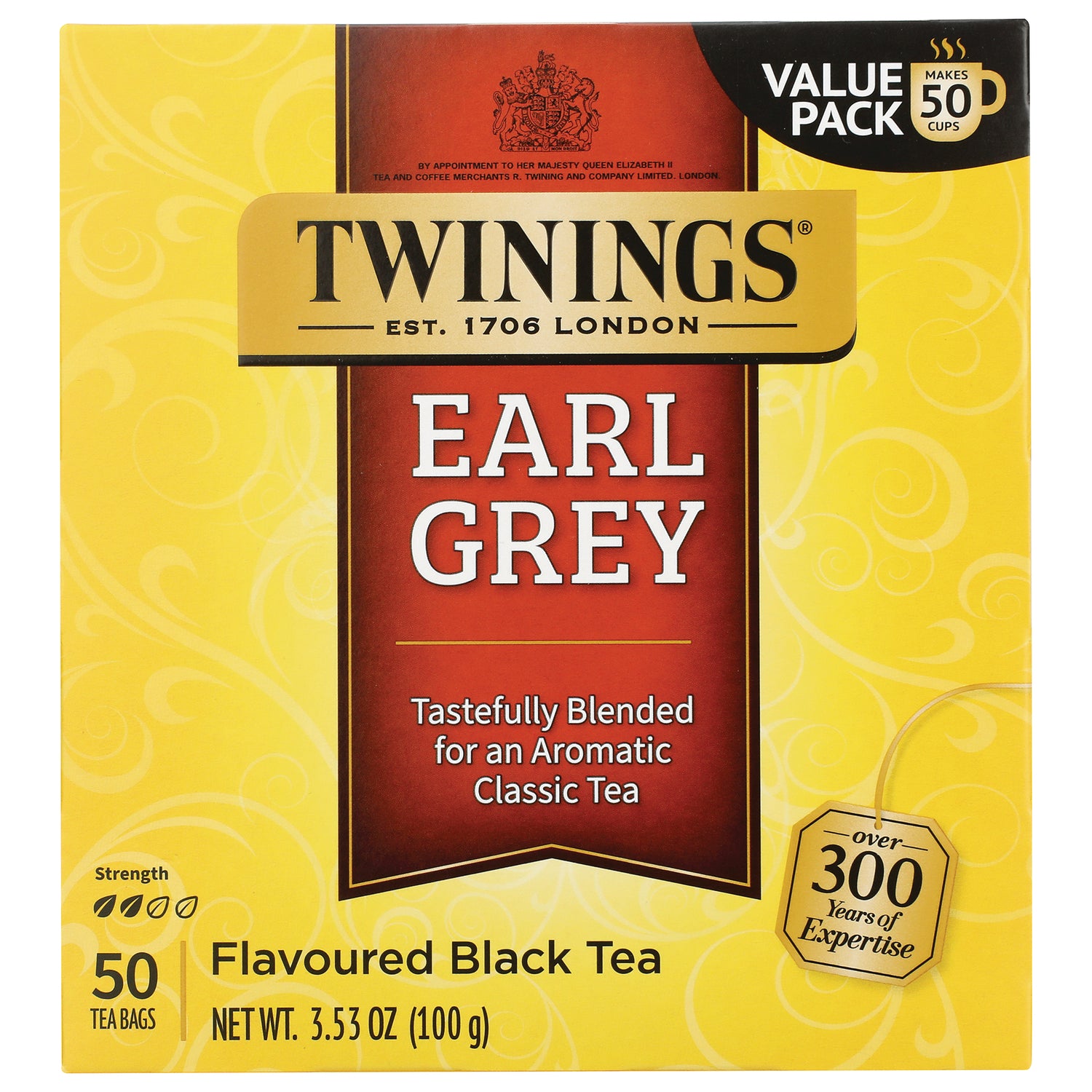 TWN002 | Twinings Earl Grey tea box front, 50 tea bags value pack, Flavoured Black Tea, 3.53 oz (100 g)