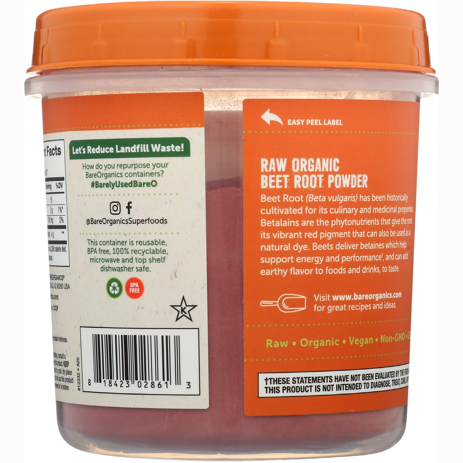 BOR002 | Raw Organic Beet Root Powder product infographic label showing benefits, reuse instructions and barcode