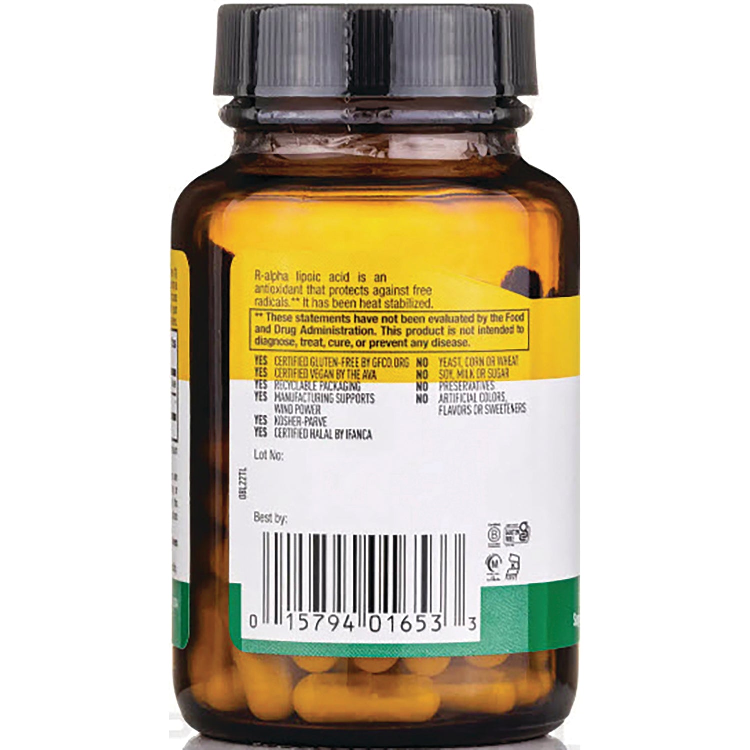 CRL293 | back label of amber supplement bottle showing R-alpha lipoic acid text, claims, barcode and capsules