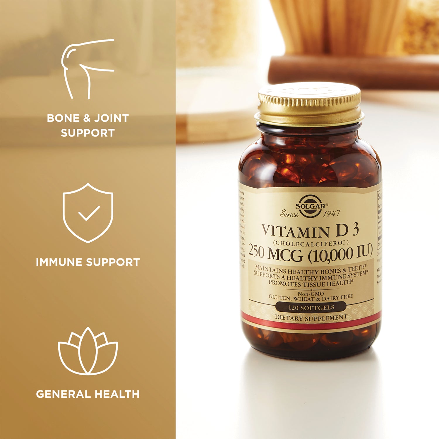 SLG310 | amber bottle of Solgar Vitamin D3 250 mcg (10,000 IU) 120 softgels with left-side icons for bone, immune, and general health