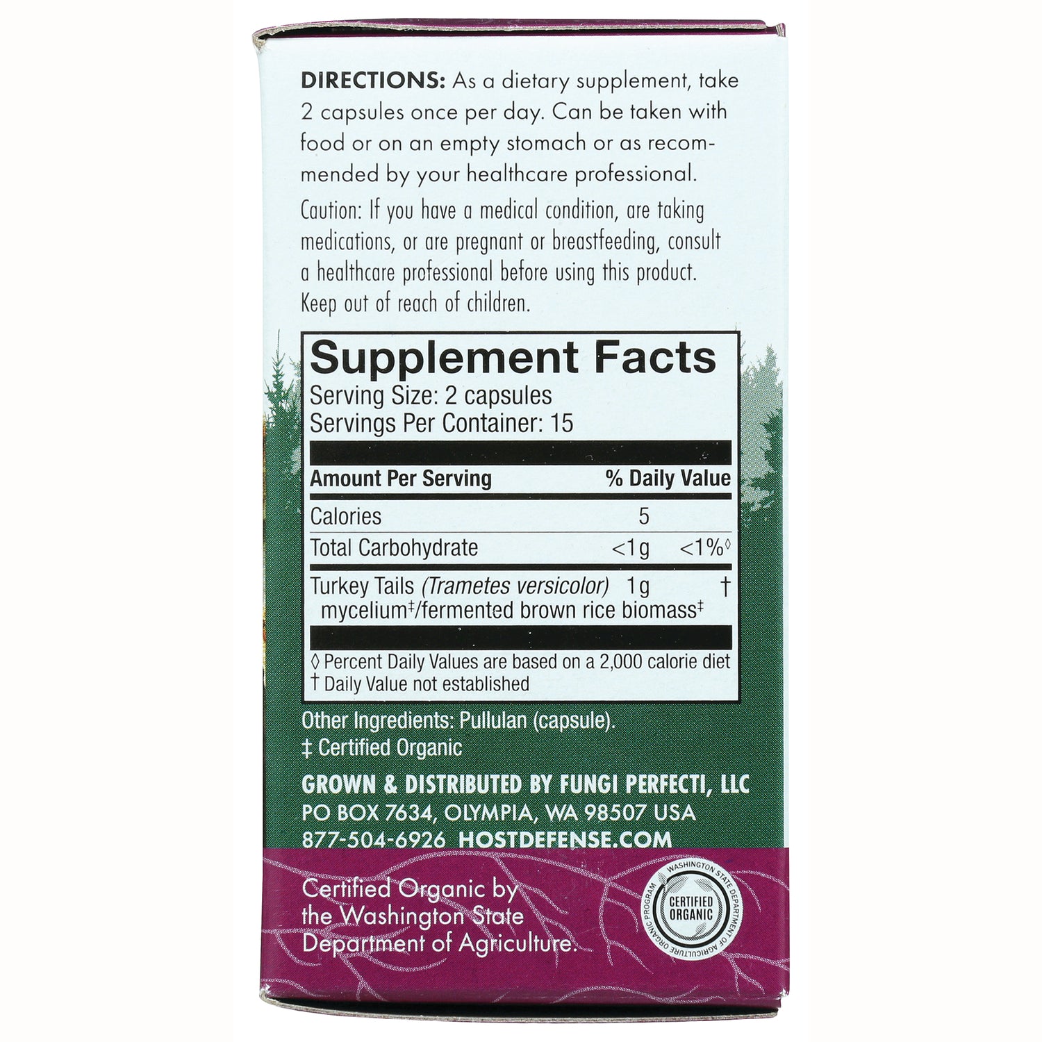 FUN042 | Back of supplement box showing directions and Supplement Facts panel with serving size and Turkey Tails mycelium ingredient