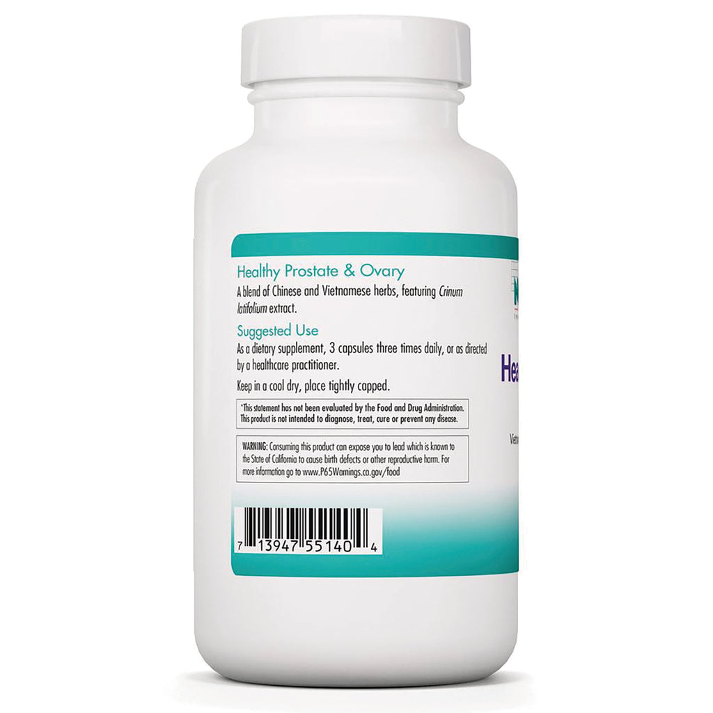 NCL052 | Back label of white supplement bottle showing Healthy Prostate & Ovary suggested use text, warning box and barcode - Thumbnail