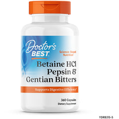 DB220 | Doctor's Best Betaine HCl Pepsin and Gentian Bitters white bottle with orange cap, 360 capsules