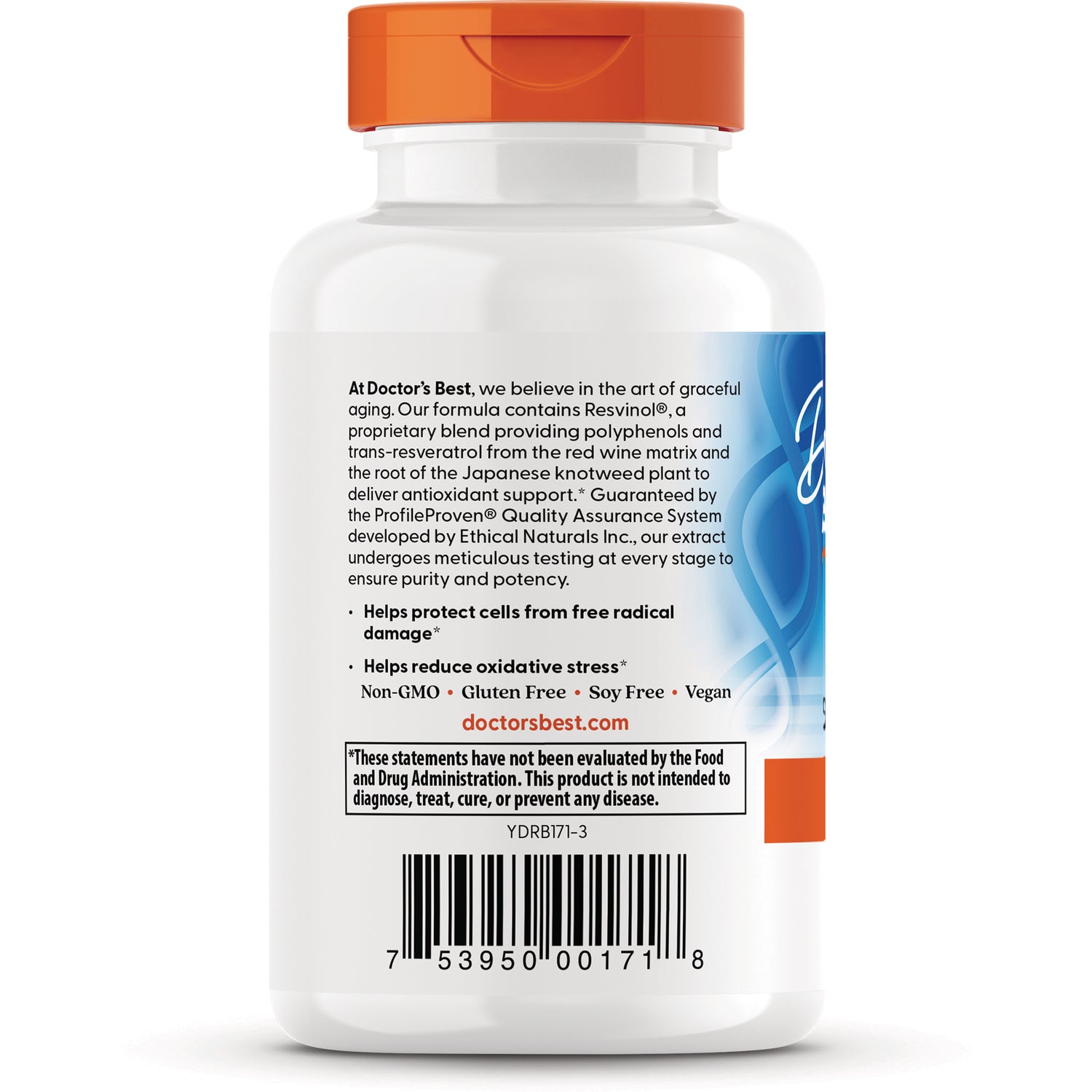 DB094 | back of white supplement bottle showing label text and claims, doctorsbest.com and barcode