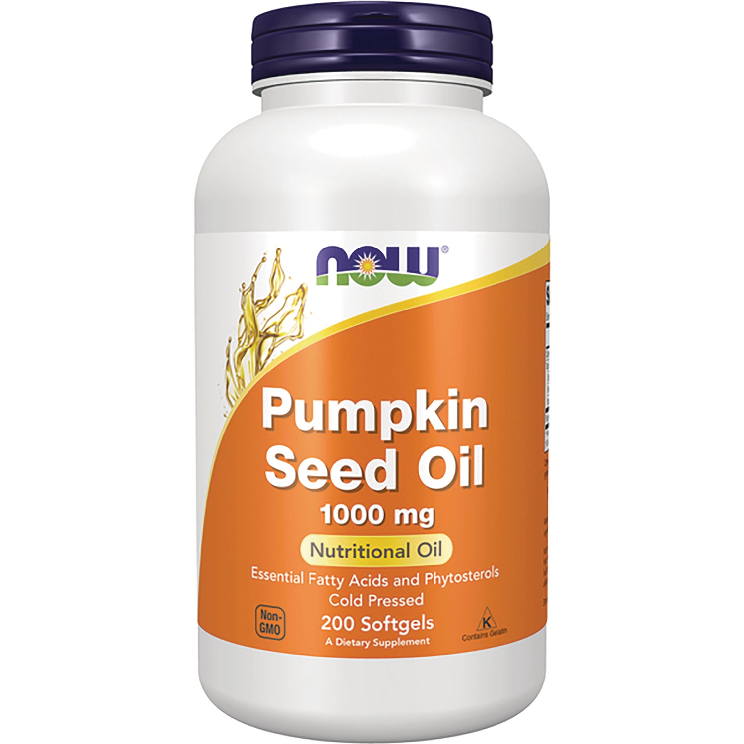 NWF1375 | White bottle of NOW Pumpkin Seed Oil 1000 mg, 200 softgels with orange label