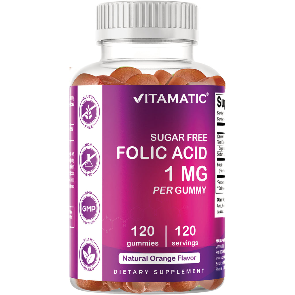 VAM019 | Vitamatic Sugar Free Folic Acid 1 mg per gummy, 120 gummies, Natural Orange Flavor bottle front - Thumbnail