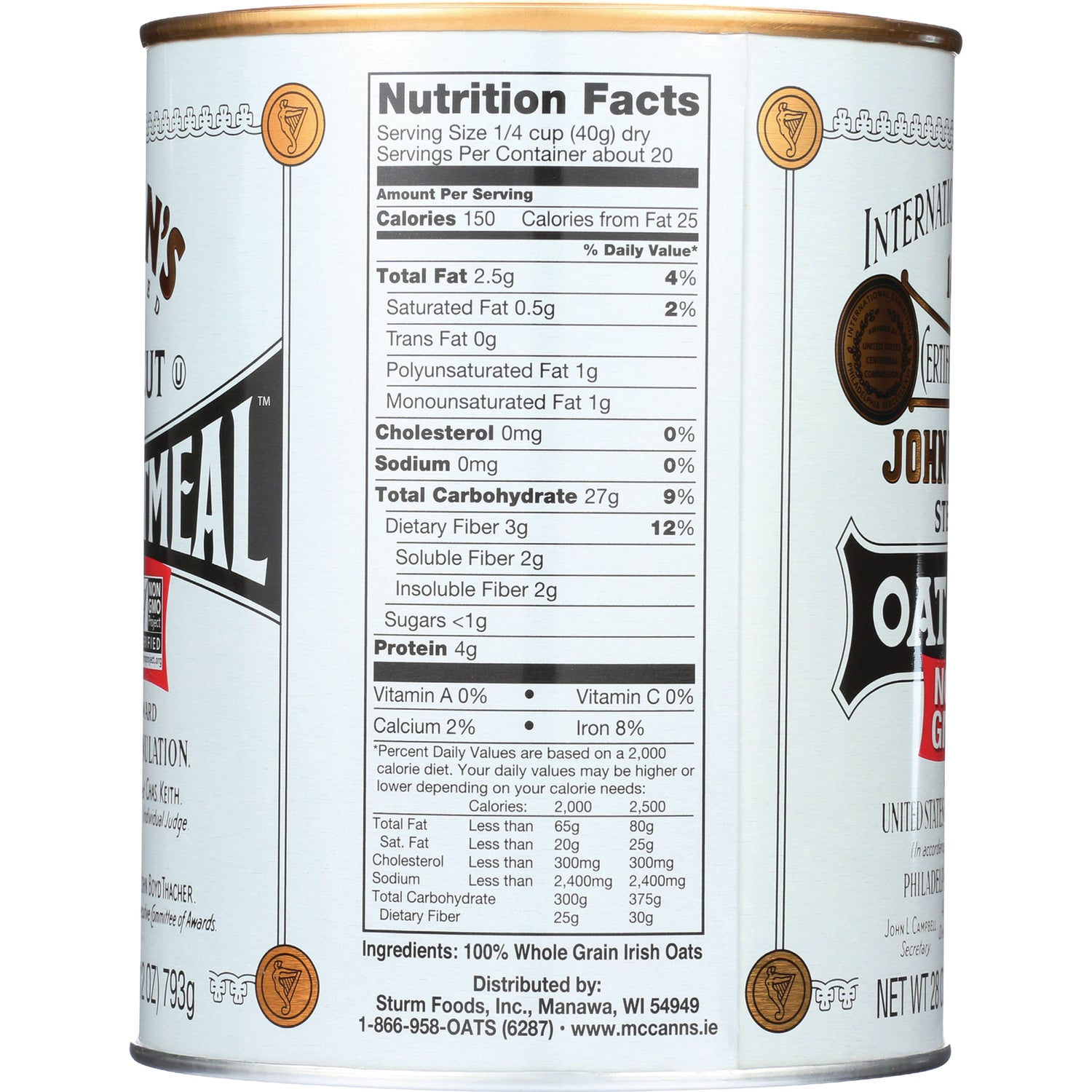 MCA001 | Nutrition facts panel on oatmeal can showing serving size, calories, fat, carbs, protein and ingredients