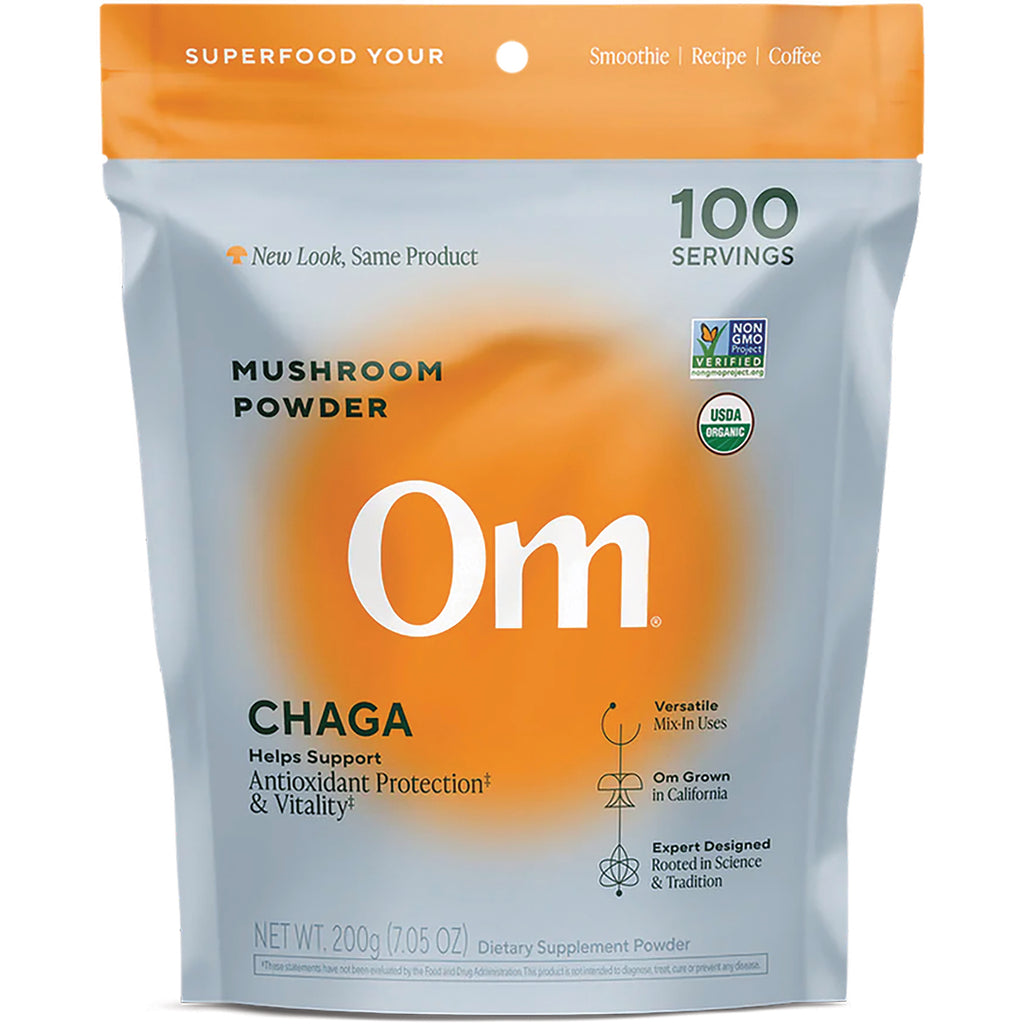 MMX043 | Om Chaga certified organic mushroom powder pouch front packaging showing brand, product name, and certifications - Thumbnail