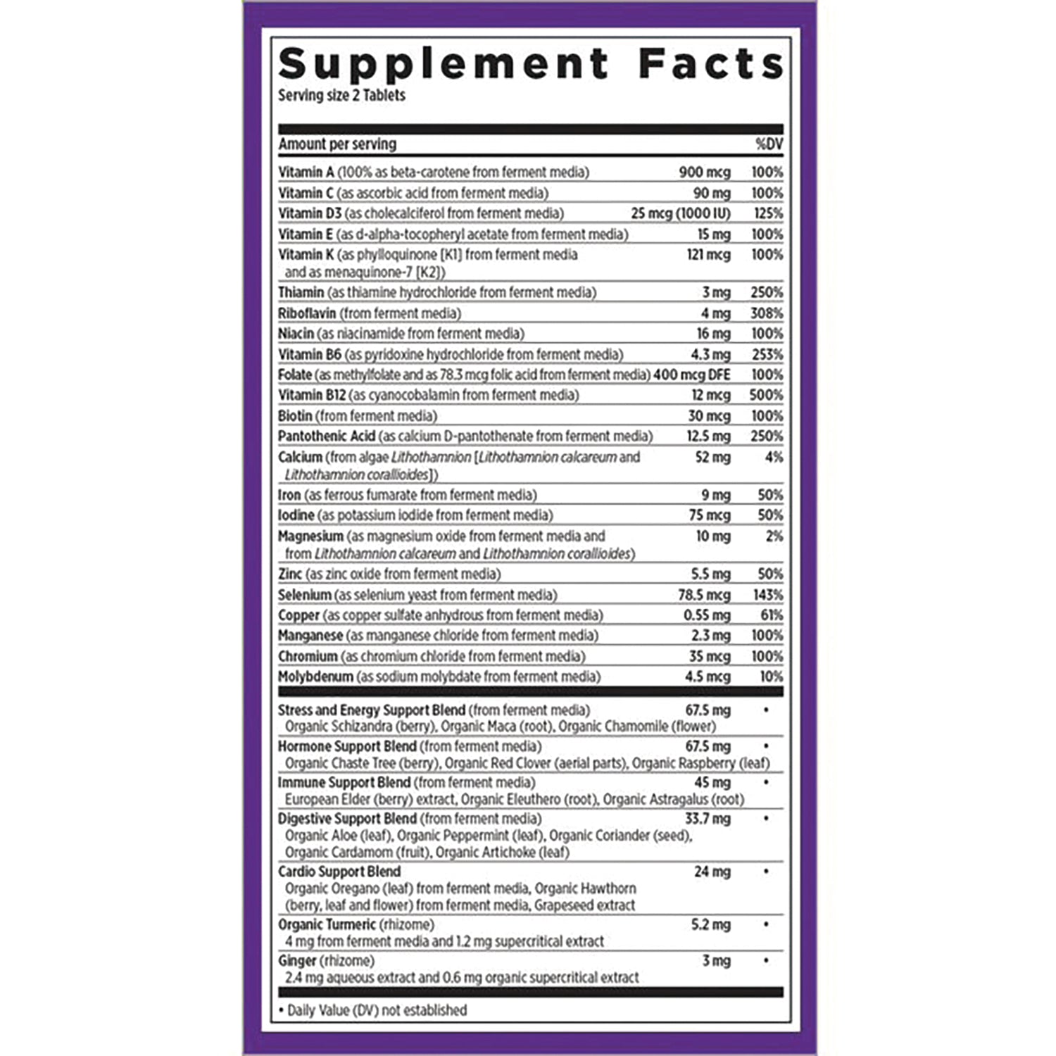 NWC140 | Supplement Facts panel listing vitamins, minerals, blends and dosages on purple-bordered label