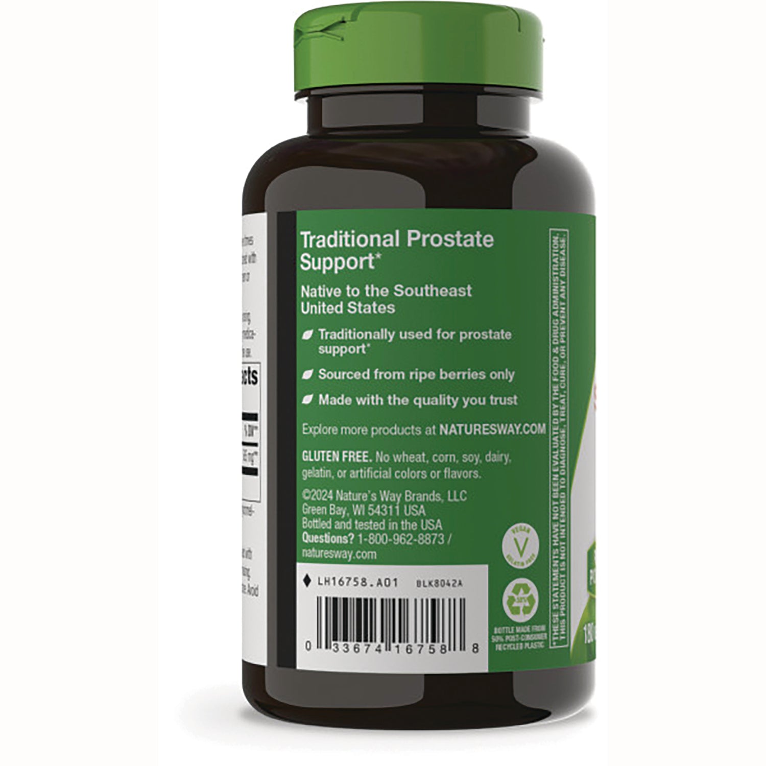 NW493 | Back label of brown supplement bottle reading Traditional Prostate Support with product info, gluten free note, and barcode