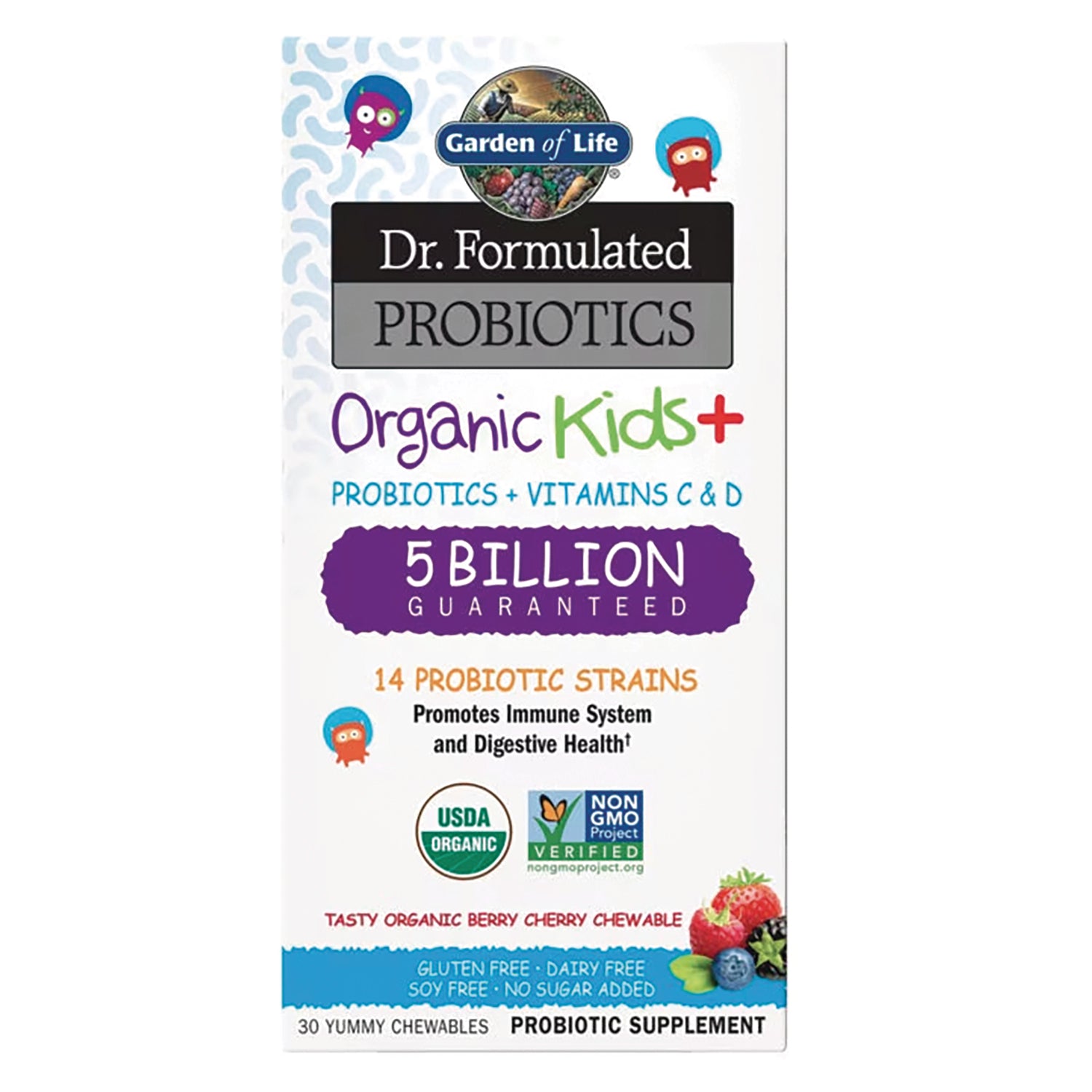 GLF207 | Garden of Life Dr. Formulated Probiotics Organic Kids+ 5 billion chewable berry cherry front packaging with USDA Organic and Non-GMO badges