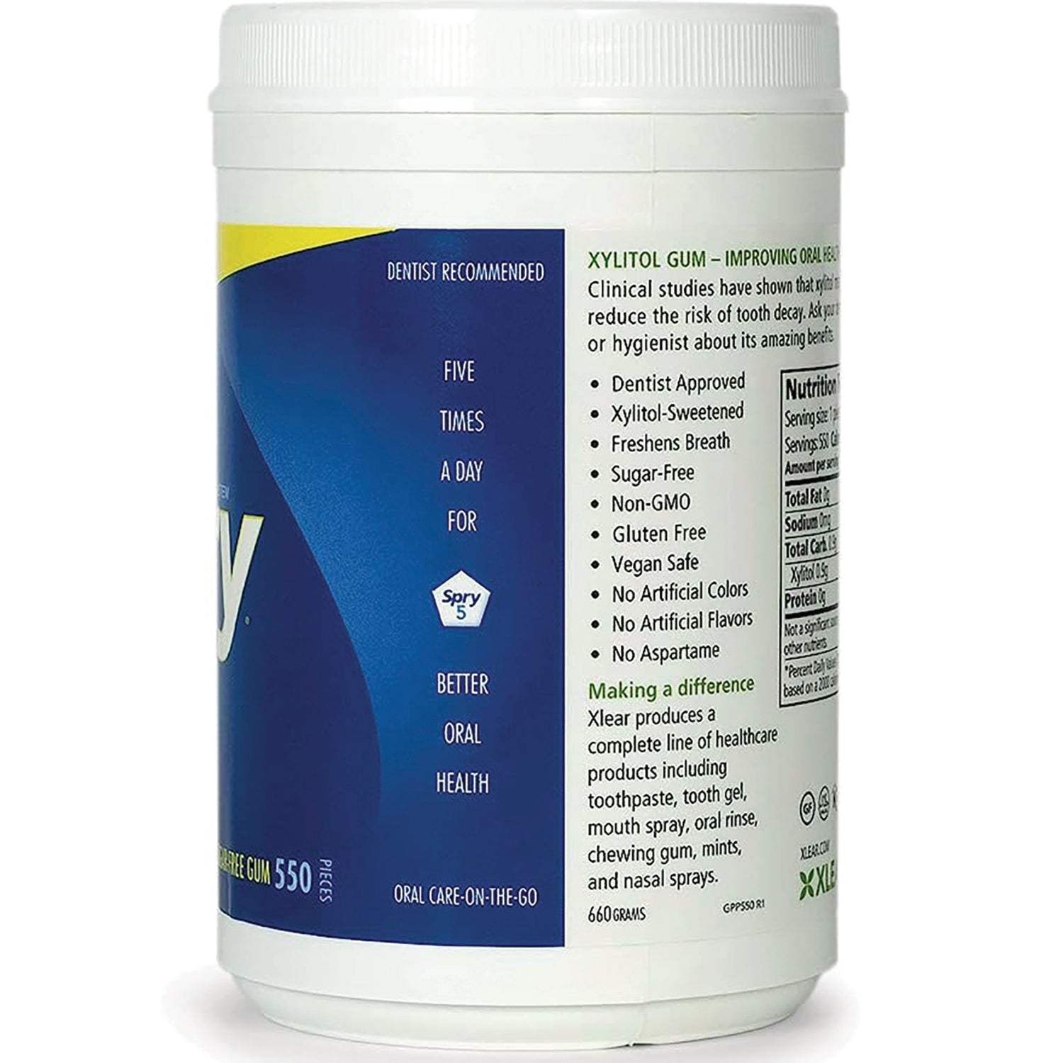 XL038 | Spry gum benefits panel: Dentist approved, xylitol-sweetened, sugar-free, non-GMO, gluten free, vegan safe