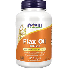 NWF078 | NOW Flax Oil 1000 mg white bottle with orange label reading 100 Softgels