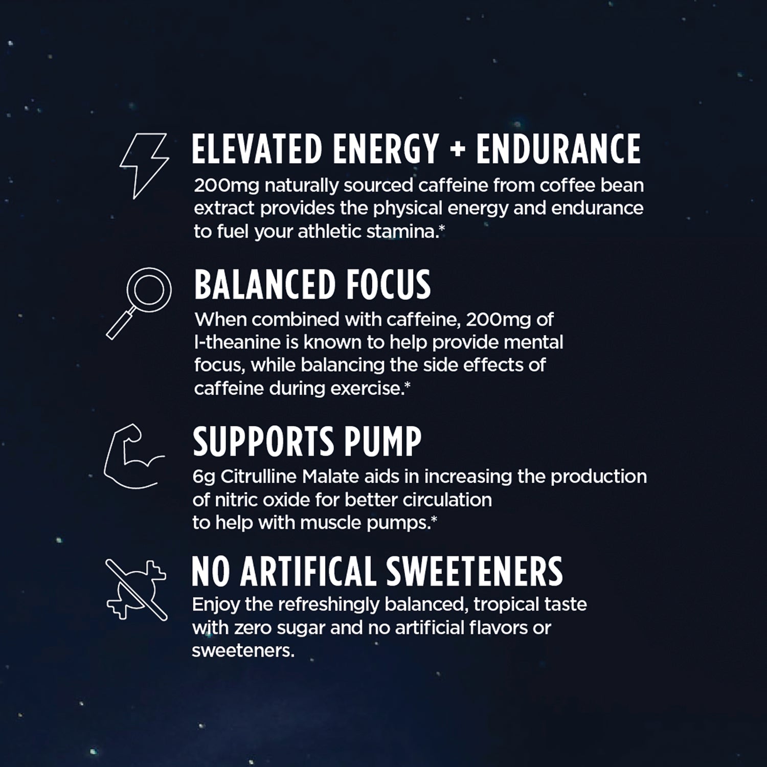 VGA008 | Product infographic listing: Elevated Energy + Endurance, Balanced Focus, Supports Pump, No Artificial Sweeteners