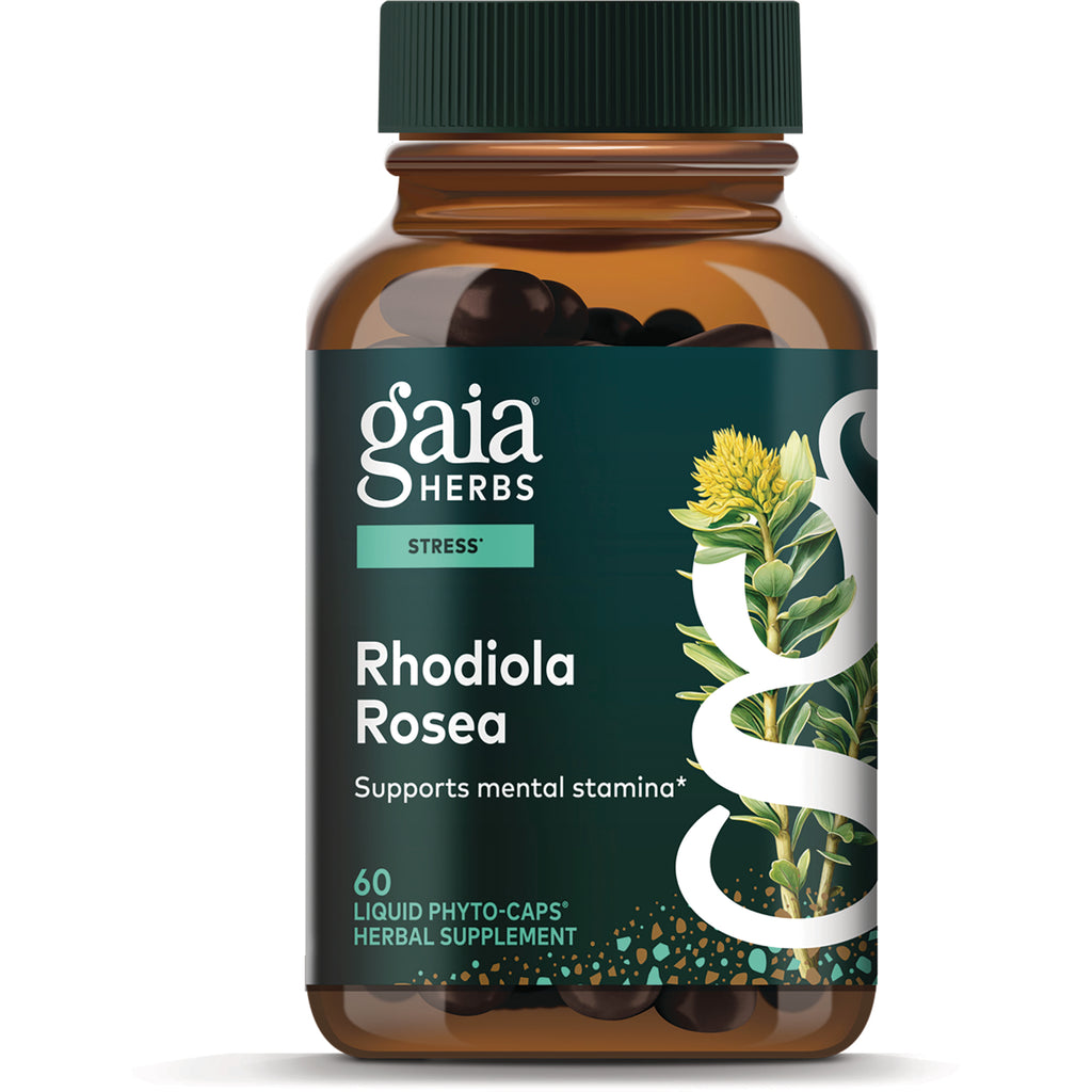 GH019 | Gaia Herbs Rhodiola Rosea supplement bottle labeled Supports mental stamina, 60 liquid phyto-caps - Thumbnail