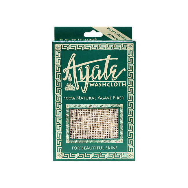 Ayate washcloth boxed front showing woven agave fiber window and text 100% Natural Agave Fiber for beautiful skin