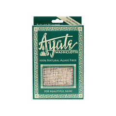 Ayate washcloth boxed front showing woven agave fiber window and text 100% Natural Agave Fiber for beautiful skin