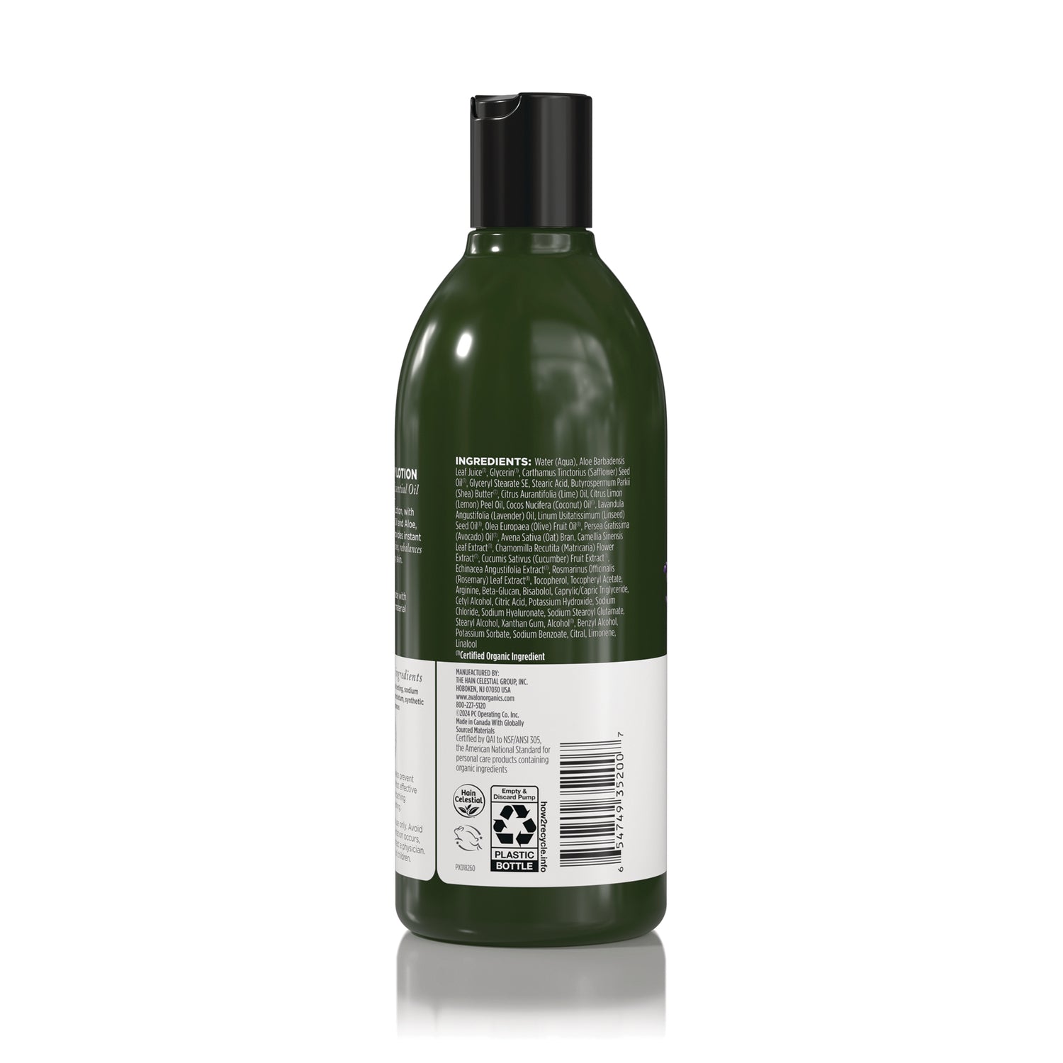 Green bottle back showing ingredients panel, barcode and recycling symbols