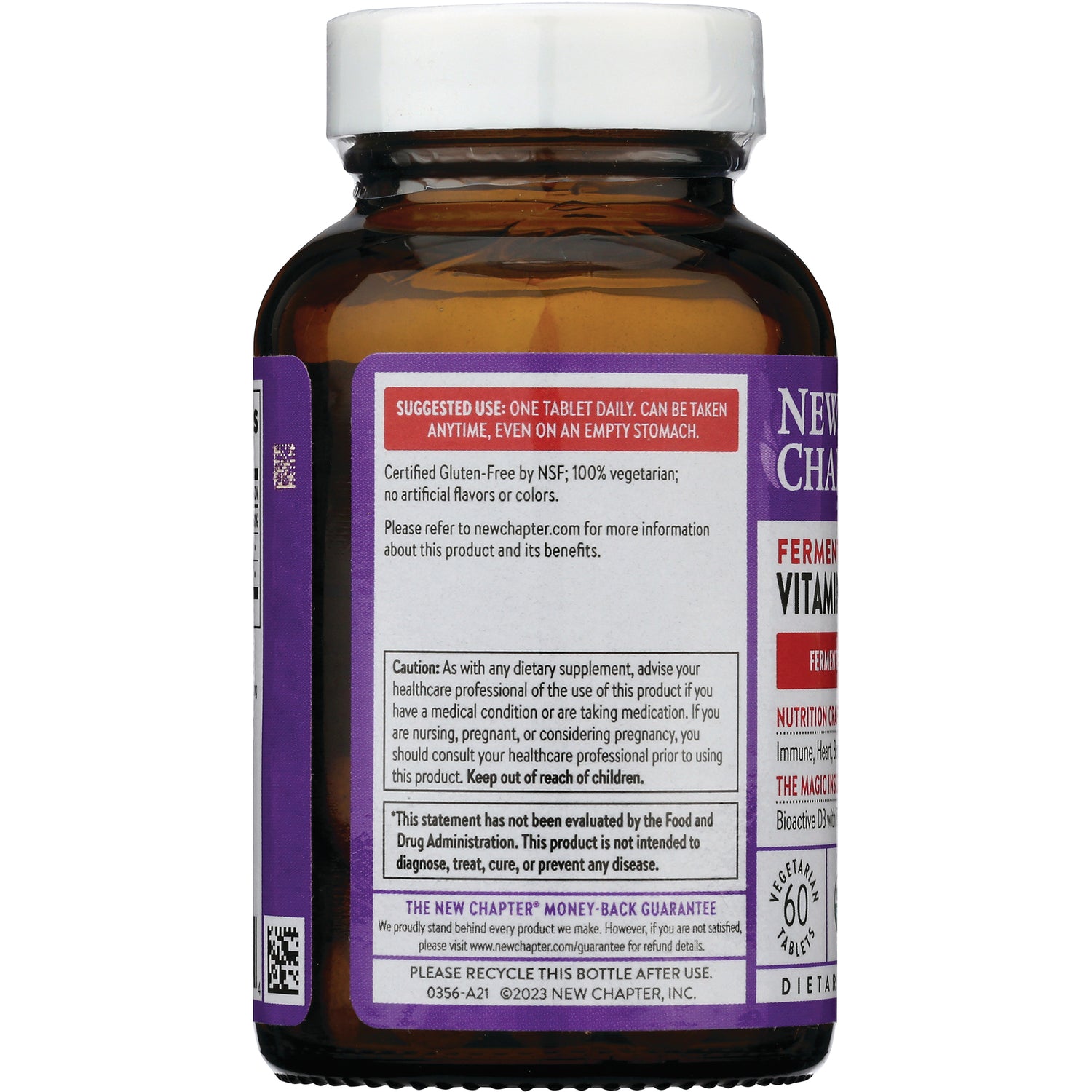 NWC342 | Back label of amber supplement bottle showing suggested use, warnings, and recycling info