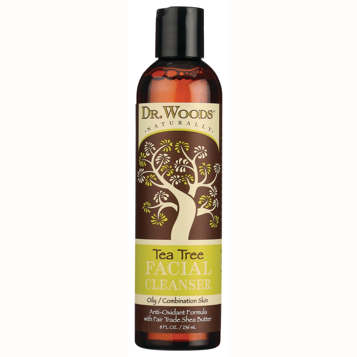 DRW011 | Dr. Woods Tea Tree facial cleanser bottle, amber 8 fl oz with green tree label