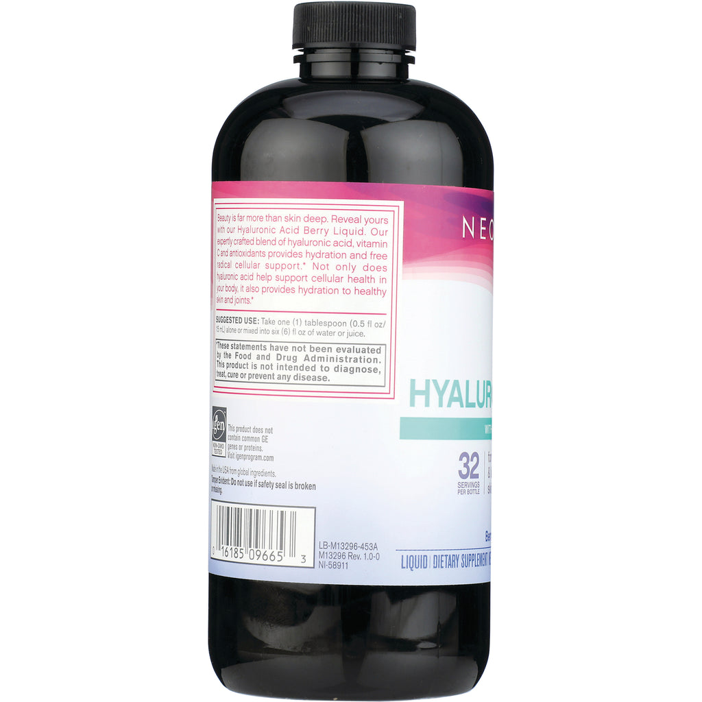 NEC010 | back label of dark plastic supplement bottle showing directions, barcode, and partial HYALUR text - Thumbnail